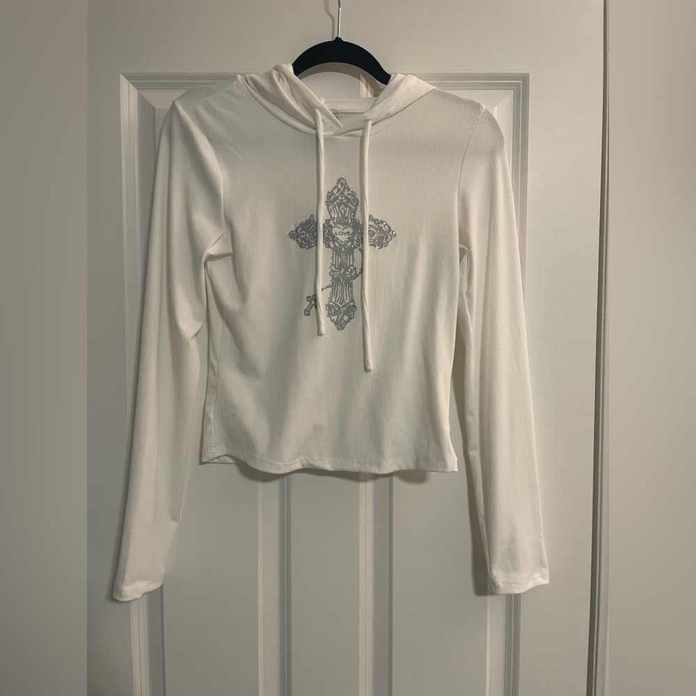 🤍Just Polly New York, White Graphic Cross Design Fit red Hoodie Sweatshirt Large
